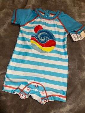 Nordstrom Blue & White Striped Short-Sleeve Swim Romper with Wave Graphic